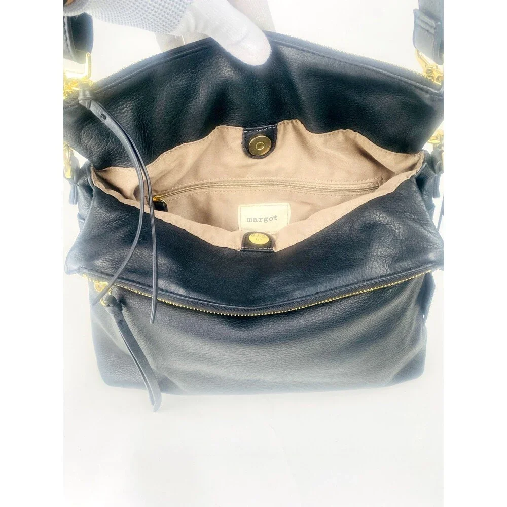 Margot Mickey Black Pebbled Leather Foldover Shoulder Bag Gold Hardware Slouchy